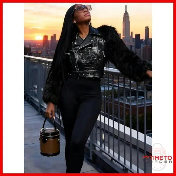 Cropped Moto Jacket with Faux Fur Sleeves, Belted Waist, PU Leather